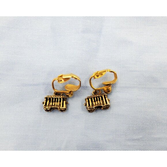 Vintage Street Car Gold Tone Clip On Dangle Earrings San Francisco Souvenier - Picture 3 of 3